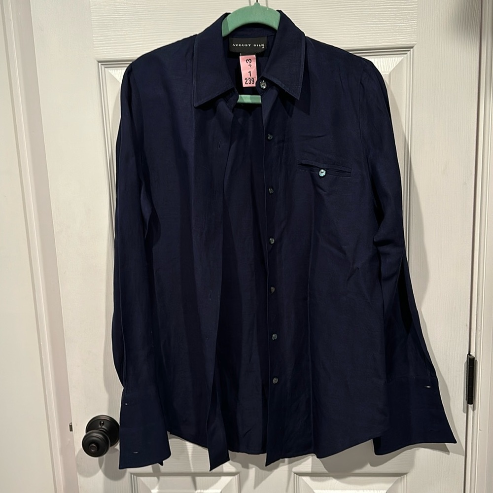 August Silk Rich Navy silk French cuff blouse (size S)